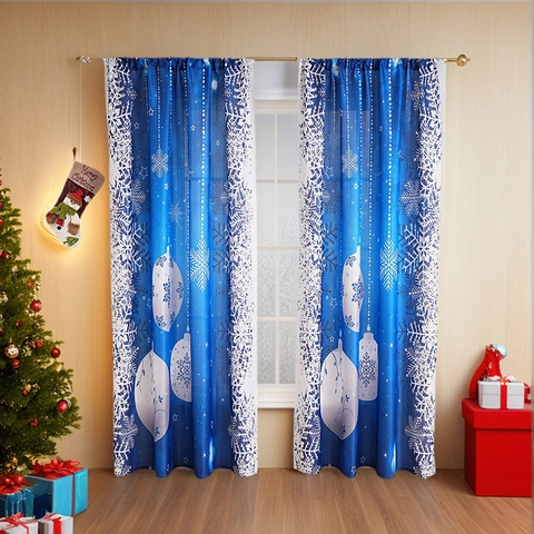 Tende Festive Natalizie in Poliestere ad Alto Oscuramento Con Motivo a Fiocchi di Neve e Palline per Soggiorno e Camera da Letto