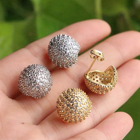 Geometric Round Ball Stud Earrings For Women Copper Micro Pave Zircon With 925 Sterling Silver Earring Post Elegant INS