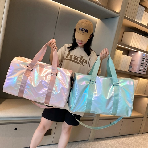 Iridescent Holographic Travel Bag Shoe Compartment Dry Wet Separation Large Capacity Yoga Gym Sports Duffel Bag Women