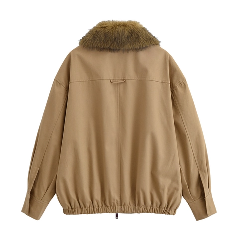 Giacca Casual da Donna Cachi con Collo in Pelliccia Sintetica Tinta Unita Full Zip Orlo Elastico Cappotto Invernale Caldo