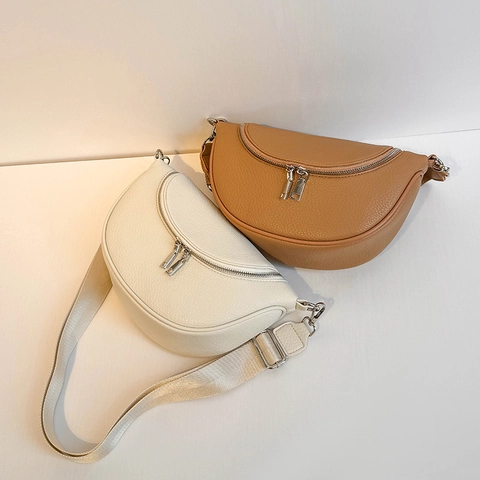 Women Crescent Crossbody Bag PU Leather Lychee Texture Large Capacity Shoulder Purse Wide Adjustable Strap Zipper Closure
