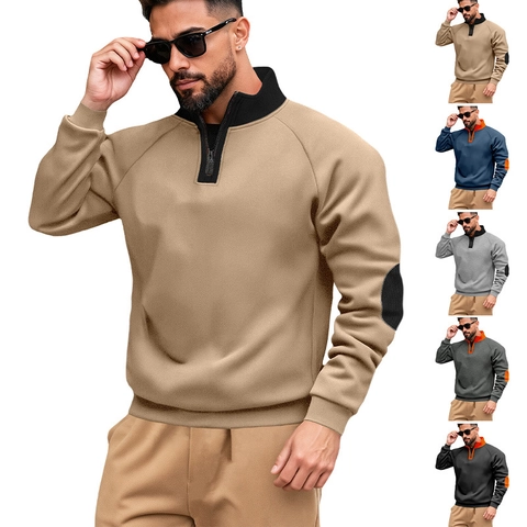 Felpa Da Uomo Collo Alto Un Quarto Di Cerniera Color Block Toppe Sui Gomiti Maniche Raglan Streetwear Casual Pullover