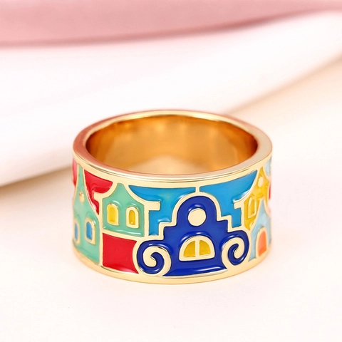 Colorful Enamel Copper Ring Wide Band Artistic Fairy Tale Town Abstract Geometric Fashion Jewelry For Women Hand Accessory