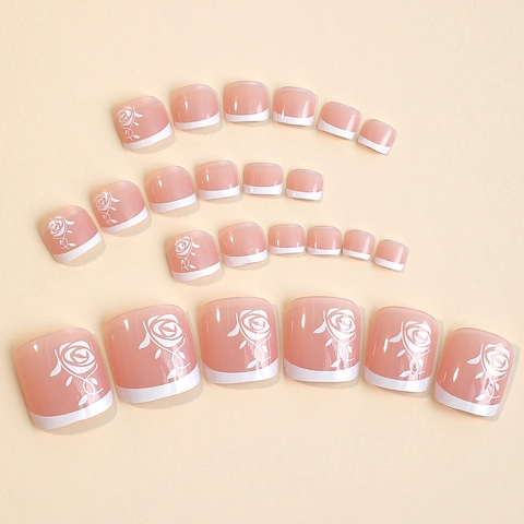 Uñas Postizas Para Pies Color Nude Con Rosas Blancas Francesas Elegantes Florales Brillantes Pedicura DIY