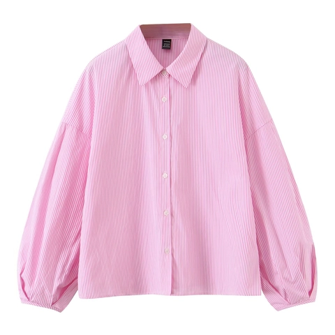 Pink White Striped Shirt And Pants Long Sleeve Lapel Button Down Wide Leg Polyester Casual Fashion Streetwear Women