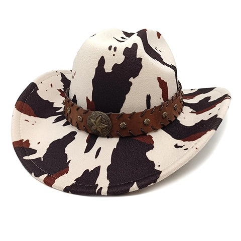 Chapeau De Cowboy Occidental Feutre Polyester Imprimé Vache Léopard Large Bord Rétro Bande Cuir Étoile Badge Outdoor Fedora