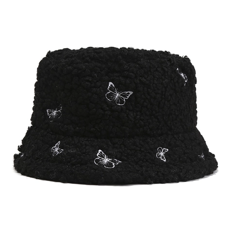 Sherpa-Fleece Fischerhut Mit Schmetterlingsstickerei Winter Warm Outdoor Modisch Für Damen
