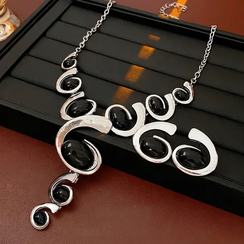 Geometric Swirl Jewelry Silver Tone Necklace And Stud Earrings With Silver Earring Post Black Oval Stone Modern Vintage
