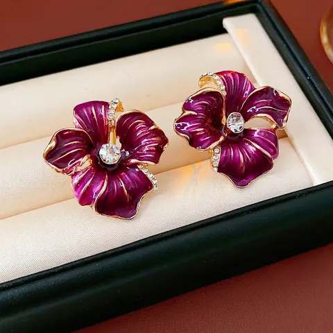 Blumen Ohrstecker Mit Silver Earring Post Legierung Emaille Strass Retro Vintage Lila Gold Luxus Accessoire Für Frauen