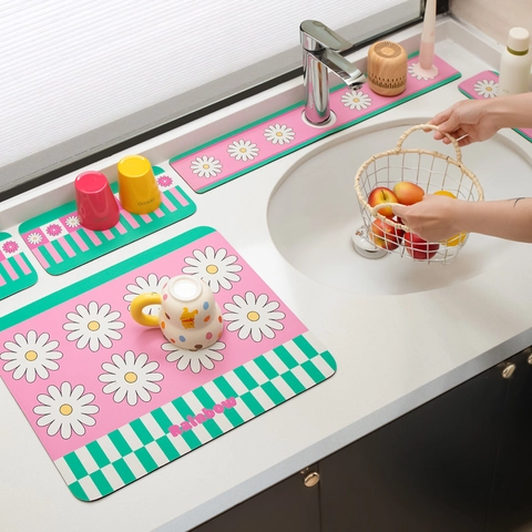 Diatomite Mud Absorbent Mat Sink Splash Guard Daisy Floral Pattern Fast Drying Countertop Protector Non Slip Coaster