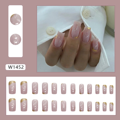 Uñas Postizas A Presión Patrón Mármol Rosa Difuminado Pan De Oro Cuadradas Medianas Largas Elegantes Para Mujeres