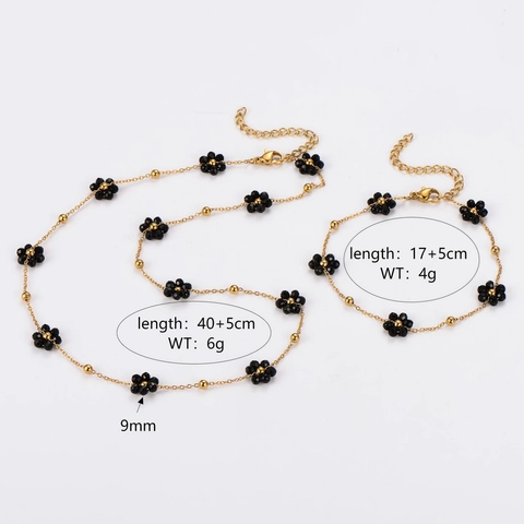 Flower Beaded Necklace And Bracelet 304 Stainless Steel Crystal Floral Jewelry For Women Retro Minimalist Style