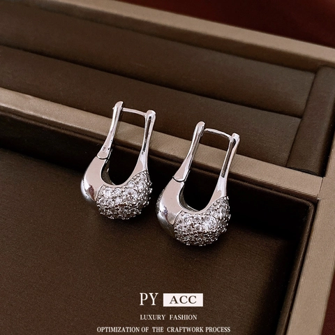 U Shaped Hoop Earrings Copper Full Cubic Zirconia Pave Geometric Luxury Fashion Versatile Sophisticated Women Ear Buckle