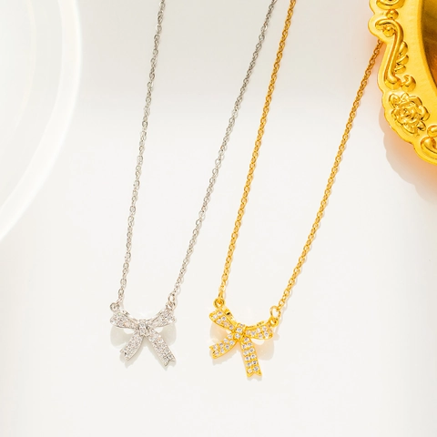 Collier Pendentif Nœud Papillon Acier Inoxydable Avec Zircon Incrusté Chaîne Clavicule Élégante Pour Femmes Design Minimaliste