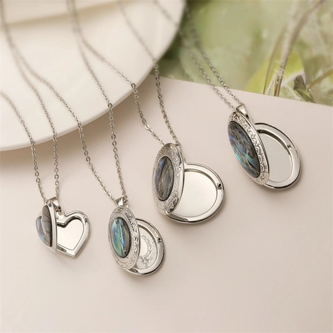 Vintage Foto Medaillon Ketting Met Natuurlijke Abalone Schelp Zilverkleurig Metaal Retro Hart Rond Ovaal Hanger Sieraden Voor Dames