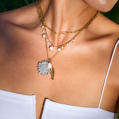 Collana Pendente Multistrato Acciaio Inossidabile Perla Artificial Imitazione Strass Impermeabile Ipoallergenico Gioielli Donna