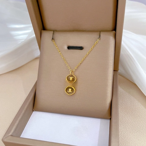 Collana Con Ciondolo Targhetta Auspicio Acciaio Al Titanio Placcato Oro Rettangolo Catena Clavicola Stile Cinese Minimalista
