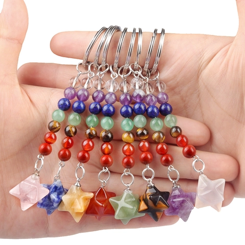 Pietra Naturale 7 Chakra Cristallo Curativo Portachiavi Stella Merkaba Ciondolo Gemma Gioielli Per Borsa Chiavi Auto Accessori Unisex