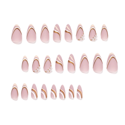 Unghie Finte Lunghe A Mandorla Stile Francese Rosa Nudo Opaco Con Künstliche Perle Sintetiche E Motivo A Onde Dorate Unghie Eleganti