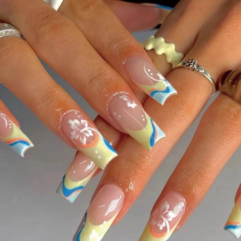 Press On Nails Long Coffin Almond Shape Artificial False Nail Tips ABS Gradient French Floral Rhinestone Decor Wearable For Women
