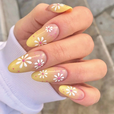 Almond Long Press On Nails Yellow Gradient White Daisy Flower Pink Polka Dot Elegant False Nails For Women Girls