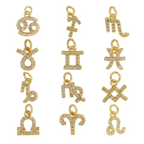 Zodiac Sign Pendant Necklace Brass Gold Plated Micro Pave Zircon Twelve Constellation Symbol Jewelry For Women Girls