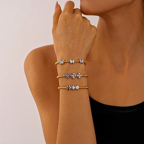Vintage Roestvrijstalen Kralen Armband Dames Elegante Franse Stijl Vlinder Ster Bloem Bedels Goud Zilver Kleur