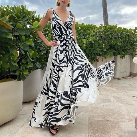Women Deep V Neck One Piece Swimsuit And Tiered Maxi Skirt Zebra Stripe Print Halter Beachwear Vacation Resort