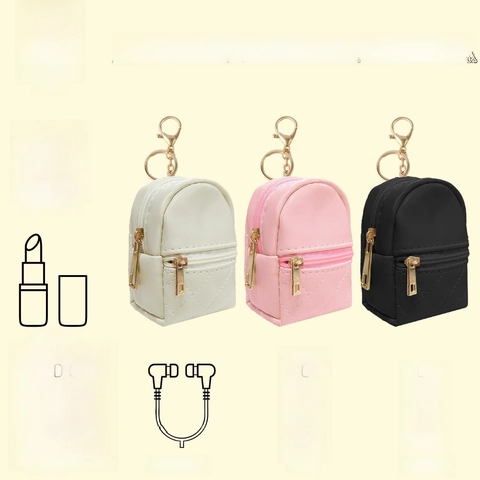 Mini Backpack Keychain Coin Purse Quilted PU Leather Gold Zipper Storage Bag For Lipstick Headsets Keys Bag Charm Accessory