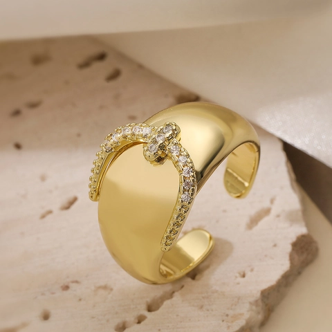 Adjustable Open Ring Copper 18K Gold Plated Zircon Belt Buckle Geometric Minimalist Fashion Jewelry For Women