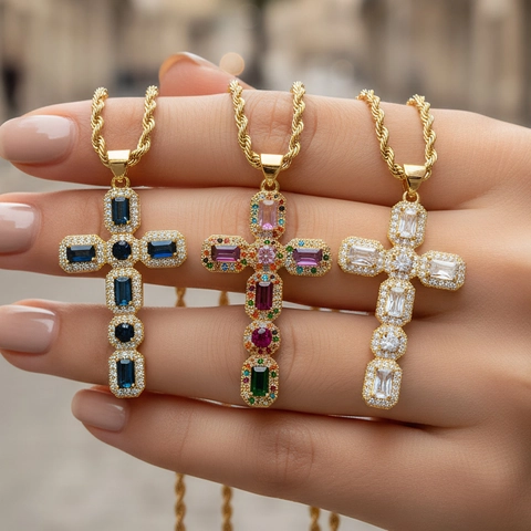 Collana Pendente Croce Hip Hop Rame Placcato Oro 18K Micro Pavé Zircone Colorato Catena A Corda Gioielli Di Moda Donna