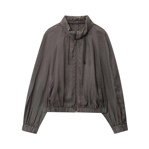 Women Casual Bomber Jacket Cotton Polyamide Crinkle Fabric Stand Collar Drawstring Zipper Elastic Cuff Solid Color