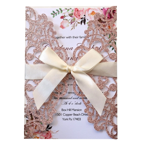 Laser Cut Wedding Invitation Cards Glitter Paper Hollow Floral Engagement Invitations With Ribbon Bow Envelope