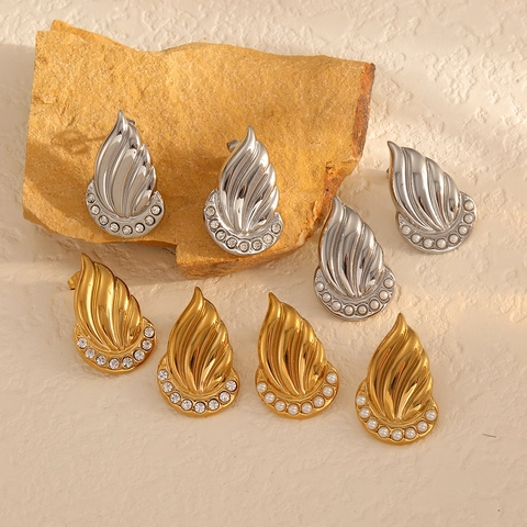Flame Leaf Stud Earrings Stainless Steel 18K Gold Plated With Rhinestone And Faux Artificial Pearl Vintage Textured Wave For Women