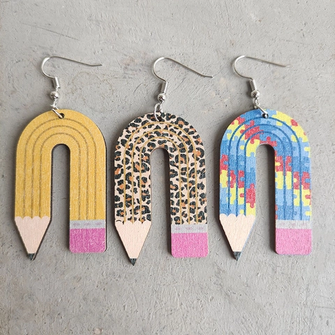 Wood Pencil Dangle Earrings Leopard Puzzle Pattern Heart Apple Studs School Theme Jewelry For Teachers Students
