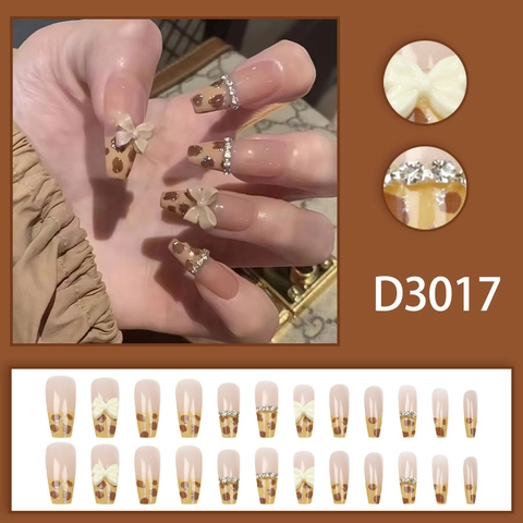 Unghie Finte Coffin Lunghe Stampa Leopardata Con Fiocco 3D Decorazione Strass Unghie Artificiali Per Donne