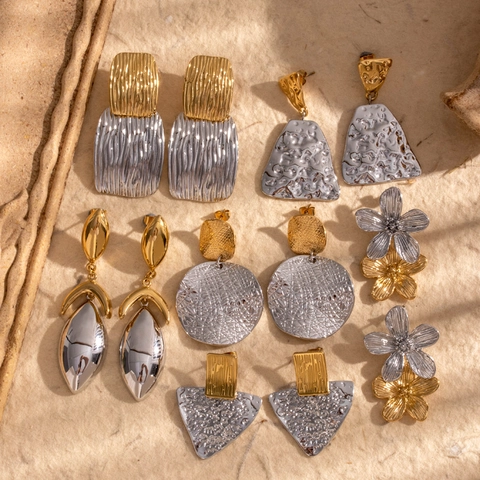 Orecchini Pendenti Geometrici Martellati Vintage Acciaio Inossidabile Bicolore Oro E Argento Fiore Texture Per Donne