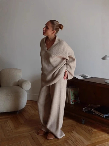 Women Knitted V Neck Sweater And Wide Leg Pants Oversized Warm Casual Winter Loungewear Minimalist Streetwear