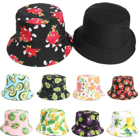 Chapeau Bob Réversible Coton Polyester Imprimé Fruits Dessin Animé Protection Solaire Été Unisexe