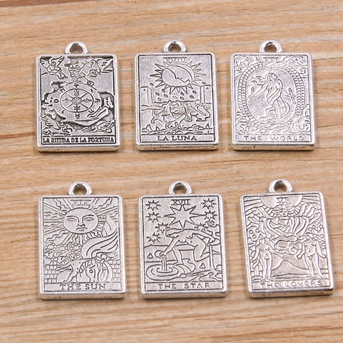 Tarot Card Pendants Zinc Alloy Rectangular Charm For DIY Jewelry Making Vintage Silver Color Sun Moon Star Designs