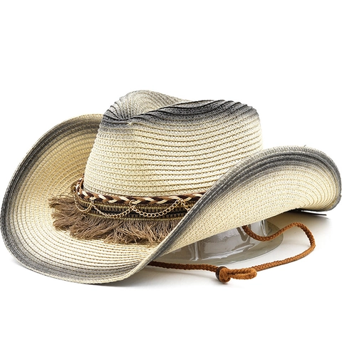 Cappello Da Cowboy In Paglia Di Carta Sfumato Protezione Solare Spiaggia All'Aperto Con Nappina Catena In Metallo E Corda