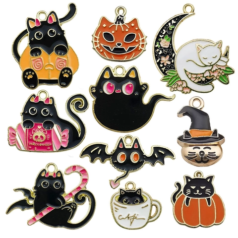 Halloween Emaille Anhänger Zinklegierung Pendants DIY Schmuckherstellung Cartoon Schwarze Katze Kürbis Fledermaus Geist Ornament