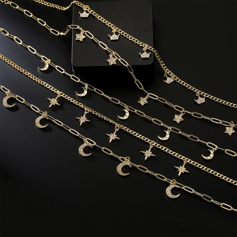 Collier Pendentif Cuivre Zircon Mauvais Œil Étoile Lune Croix Géométrique Plaqué Or Bijoux Fins Pour Femmes