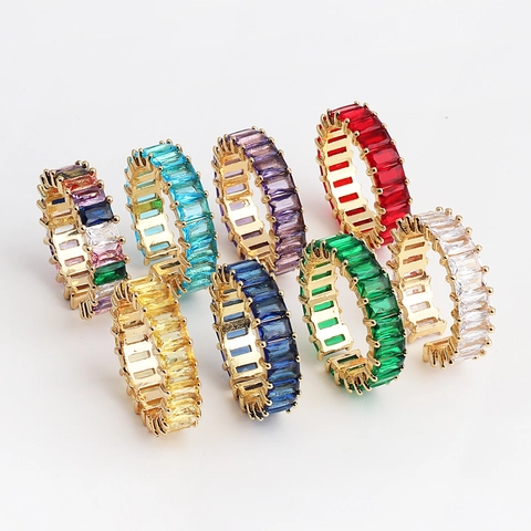Baguette Zircon Eternity Ring 18K Gold Plated Brass Geometric Adjustable Rainbow Sparkly Fashion Jewelry Women
