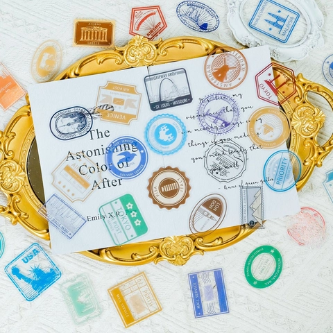 Vintage Reise Poststempel Aufkleber Wasserdicht Transparent PET Weltstadt Wahrzeichen Dekoration Für Scrapbooking DIY