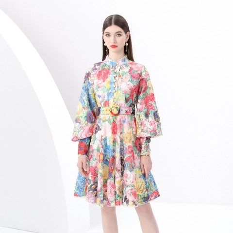 Elegante Mini-Jurk Met Bloemenprint Kant Lantaarnmouwen Opstaande Kraag En Riem Voor Dames