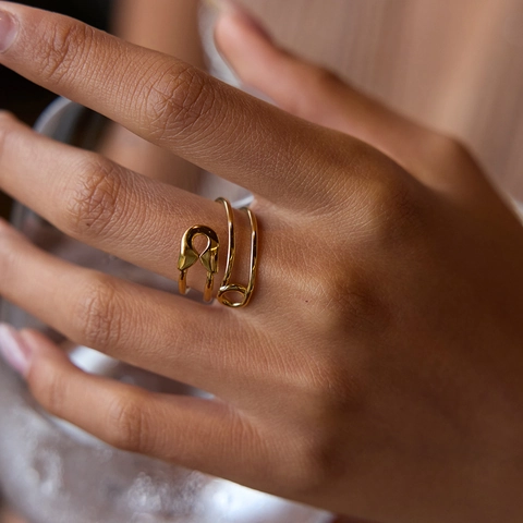 Sicherheitsnadel Offener Ring 18K Vergoldeter Edelstahl Doppelschicht Hohl Verstellbar Minimalistischer Schmuck Für Damen