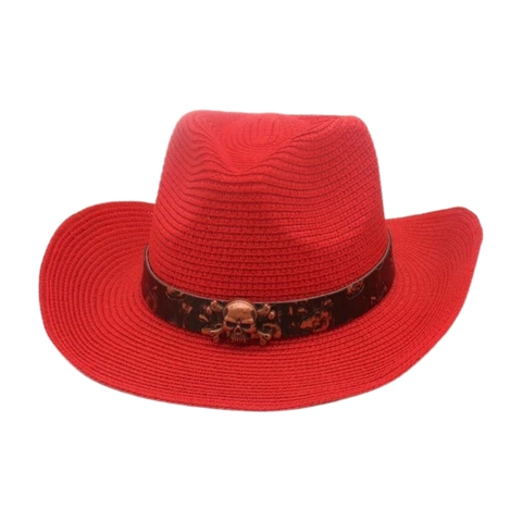 Sombrero de Paja Tejido Western Cowboy Con Accesorio de Calavera de Metal Étnico Playa Viaje Sombrero de Sol Para Hombre Mujer Estilo Retro Punk