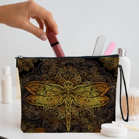 Beauty Case Con Stampa Mandala Libellula Pochette Per Cosmetici In Lino Fine Con Cerniera E Cinturino Da Polso Organizzatore