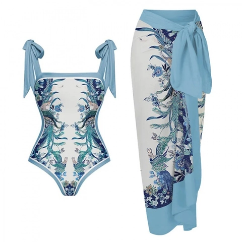 Women One Piece Swimsuit With Bow Tie Straps Floral Peacock Print Chinoiserie Style Polyester Beachwear